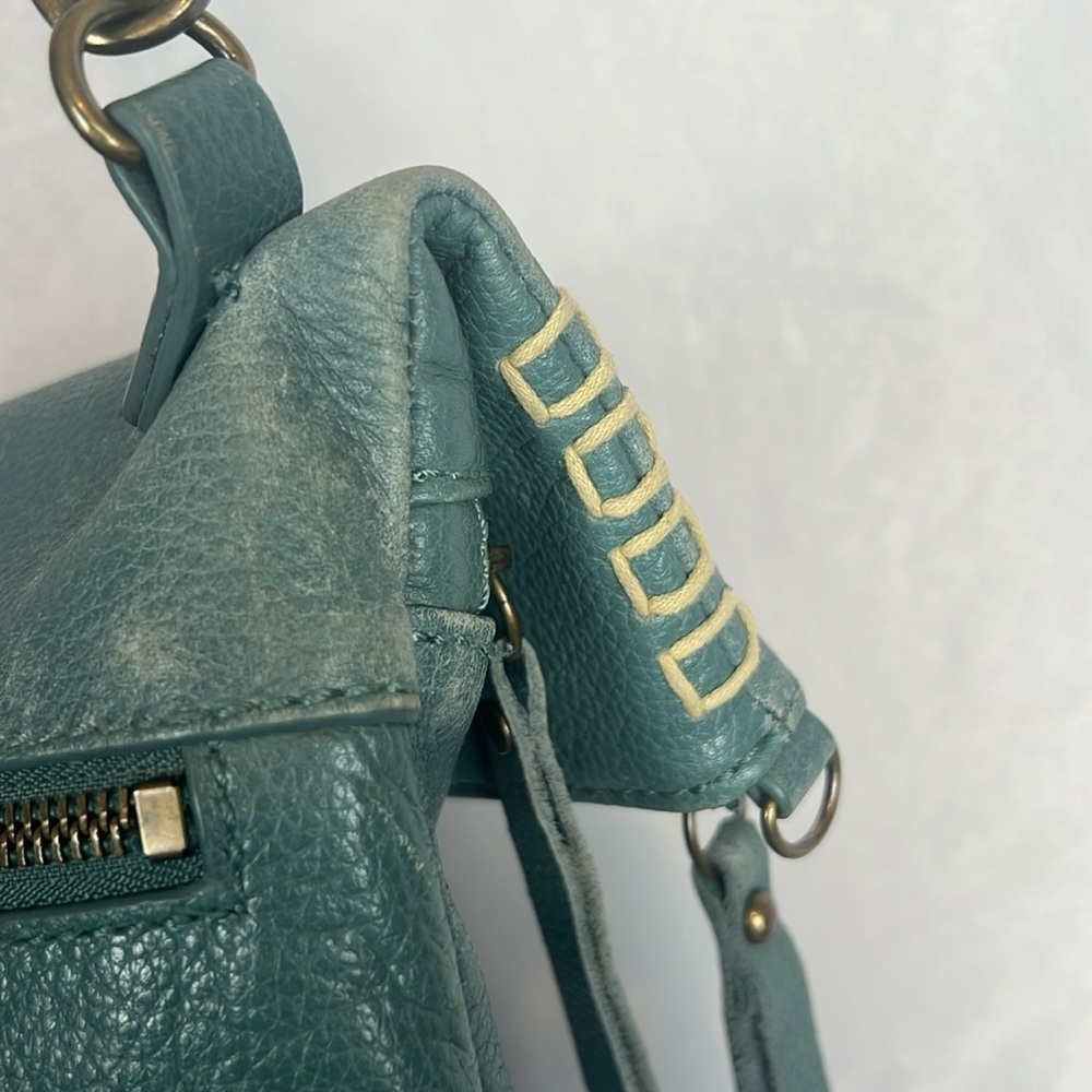 Lucky Brand Teal Leather Foldover Crossbody Hobo Bag Boho Fringe Distressed - Picture 10 of 15